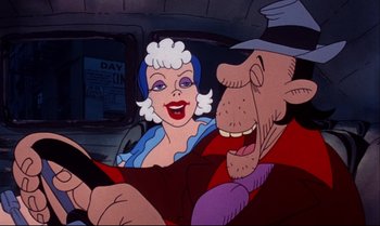 Movie still from “Heavy Traffic” (1973), directed by Ralph Bakshi – A man and a woman sitting in the back of a car; Close Up shot, Low angle