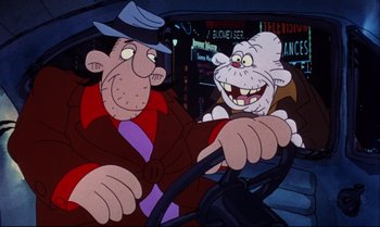 Movie still from “Heavy Traffic” (1973), directed by Ralph Bakshi – A man driving a car while another man holds the steering wheel; Close Up shot, Low angle