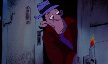 Movie still from “Heavy Traffic” (1973), directed by Ralph Bakshi – A man in a hat and a red jacket; Close Up shot, High angle
