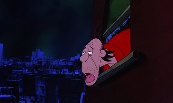 Movie still from “Heavy Traffic” (1973), directed by Ralph Bakshi – A cartoon of a man looking out of a window at night; Medium shot, Low angle