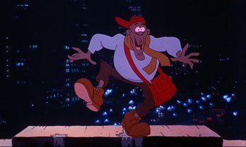 Movie still from “Heavy Traffic” (1973), directed by Ralph Bakshi – A cartoon of a man with a red hat and a bag; Wide shot, Low angle