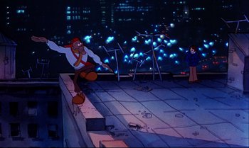 Movie still from “Heavy Traffic” (1973), directed by Ralph Bakshi – An animated scene of a person jumping in the air; Wide shot, Low angle