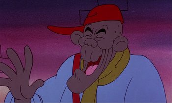 Movie still from “Heavy Traffic” (1973), directed by Ralph Bakshi – A cartoon character with his mouth wide open; Medium shot, Low angle