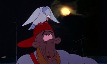 Movie still from “Heavy Traffic” (1973), directed by Ralph Bakshi – An old man with a bird on his head; Medium shot, Low angle