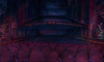 Movie still from “Heavy Traffic” (1973), directed by Ralph Bakshi – An empty theater with red seats and a stage; Extreme Wide shot, High angle