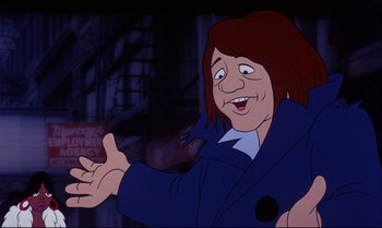 Movie still from “Heavy Traffic” (1973), directed by Ralph Bakshi – An animated woman is smiling while holding her hands out; Close Up shot, Over the shoulder angle