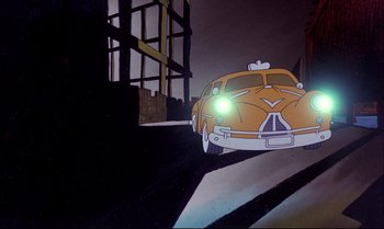 Movie still from “Heavy Traffic” (1973), directed by Ralph Bakshi – A cartoon of a car driving down a street; Extreme Wide shot, Low angle