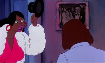 Movie still from “Heavy Traffic” (1973), directed by Ralph Bakshi – A woman in a fur coat and a man in a tuxedo; Medium shot, Over the shoulder angle
