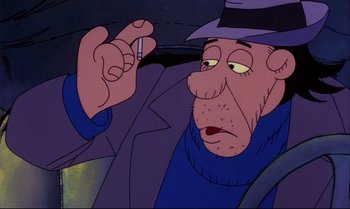 Movie still from “Heavy Traffic” (1973), directed by Ralph Bakshi – An old man holding a cigarette in his hand; Close Up shot, Low angle