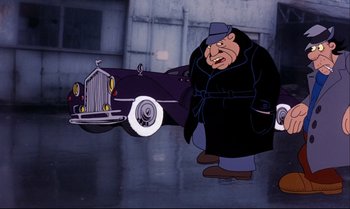 Movie still from “Heavy Traffic” (1973), directed by Ralph Bakshi – A cartoon of a man standing next to an old car; Medium shot, Low angle