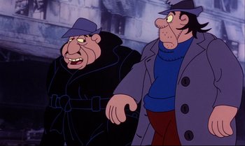Movie still from “Heavy Traffic” (1973), directed by Ralph Bakshi – Two cartoon characters are standing next to each other; Medium shot, Low angle