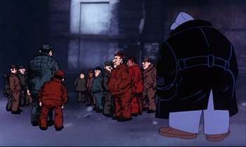 Movie still from “Heavy Traffic” (1973), directed by Ralph Bakshi – A group of men standing around in a dark room; Wide shot, Low angle