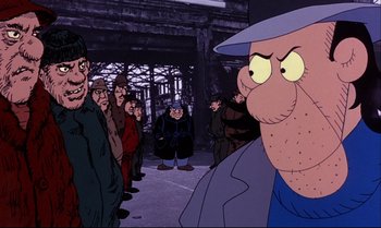 Movie still from “Heavy Traffic” (1973), directed by Ralph Bakshi – A group of people standing in front of a building; Close Up shot, Over the shoulder angle