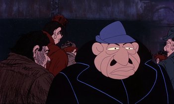 Movie still from “Heavy Traffic” (1973), directed by Ralph Bakshi – An old man with a blue hat is looking at the camera; Close Up shot, Low angle