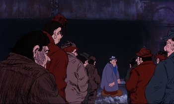 Movie still from “Heavy Traffic” (1973), directed by Ralph Bakshi – A group of men standing around a crowd of people; Wide shot, High angle