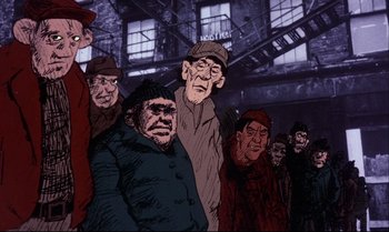 Movie still from “Heavy Traffic” (1973), directed by Ralph Bakshi – A group of men standing next to each other in front of a building; Wide shot, Overhead angle