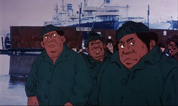 Movie still from “Heavy Traffic” (1973), directed by Ralph Bakshi – A group of men standing next to each other in front of a ship; Medium shot, Low angle