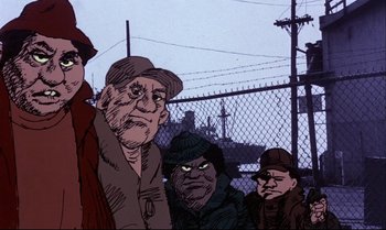 Movie still from “Heavy Traffic” (1973), directed by Ralph Bakshi – A group of men standing next to each other in front of barbed wire fence; Close Up shot, Low angle