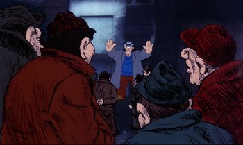 Movie still from “Heavy Traffic” (1973), directed by Ralph Bakshi – A group of people gathered around a man in a blue coat; Wide shot, Low angle
