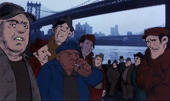Movie still from “Heavy Traffic” (1973), directed by Ralph Bakshi – A group of men standing next to each other near a river; Wide shot, Low angle