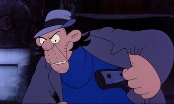 Movie still from “Heavy Traffic” (1973), directed by Ralph Bakshi – An animated character is holding a cell phone in his hand; Close Up shot, Low angle