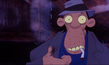 Movie still from “Heavy Traffic” (1973), directed by Ralph Bakshi – An animated character is smoking a cigarette and wearing a hat; Extreme Close Up shot, Overhead angle