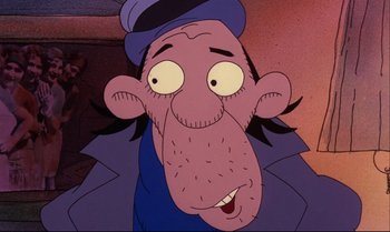 Movie still from “Heavy Traffic” (1973), directed by Ralph Bakshi – A cartoon character with a hat on; Close Up shot, High angle