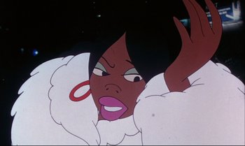 Movie still from “Heavy Traffic” (1973), directed by Ralph Bakshi – An animated woman with an orange ring in her ear; Close Up shot, Low angle