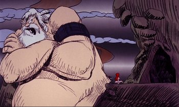 Movie still from “Heavy Traffic” (1973), directed by Ralph Bakshi – An animated scene of a man and a woman in the woods; Wide shot, Low angle