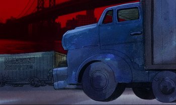 Movie still from “Heavy Traffic” (1973), directed by Ralph Bakshi – An illustration of an old blue truck parked on the side of the road; Wide shot, Low angle