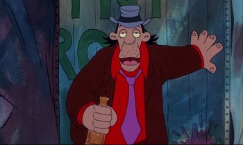 Movie still from “Heavy Traffic” (1973), directed by Ralph Bakshi – A man in a hat and jacket holding a wooden stick; Medium shot, Low angle