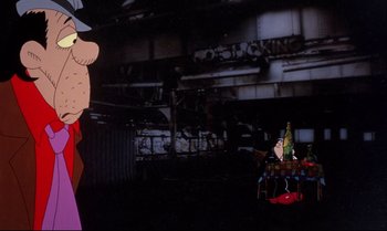 Movie still from “Heavy Traffic” (1973), directed by Ralph Bakshi – A cartoon of a person standing next to a bunch of bottles; Medium shot, Over the shoulder angle