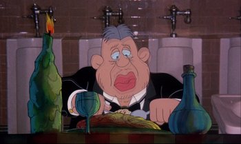 Movie still from “Heavy Traffic” (1973), directed by Ralph Bakshi – An old man sitting at a dinner table with a candle; Close Up shot, High angle