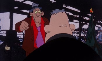 Movie still from “Heavy Traffic” (1973), directed by Ralph Bakshi – A man in a suit and a tie standing in front of another man in a suit and a tie; Close Up shot, Over the shoulder angle