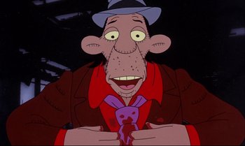 Movie still from “Heavy Traffic” (1973), directed by Ralph Bakshi – An old man with a hat is holding something in his hand; Close Up shot, Low angle