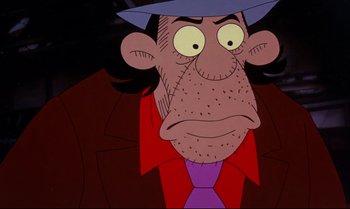 Movie still from “Heavy Traffic” (1973), directed by Ralph Bakshi – A cartoon character with a hat on; Close Up shot, Low angle