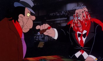 Movie still from “Heavy Traffic” (1973), directed by Ralph Bakshi – A cartoon of a man smoking a cigar next to another man in a suit; Close Up shot, Overhead angle
