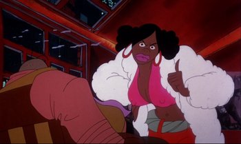 Movie still from “Heavy Traffic” (1973), directed by Ralph Bakshi – An animated woman in a pink top and a white jacket; Close Up shot, Low angle