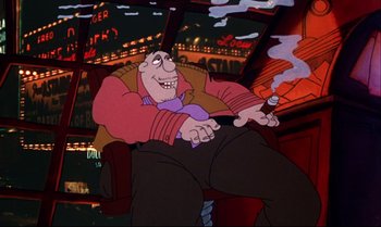 Movie still from “Heavy Traffic” (1973), directed by Ralph Bakshi – A man sitting in a chair holding a cigarette in his hand; Medium shot, Low angle