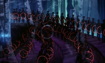 Movie still from “Heavy Traffic” (1973), directed by Ralph Bakshi – A group of people standing in front of a wall with neon lights; Extreme Wide shot, High angle