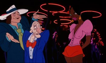 Movie still from “Heavy Traffic” (1973), directed by Ralph Bakshi – A man in a blue jacket and a woman in a pink top; Medium shot, Low angle