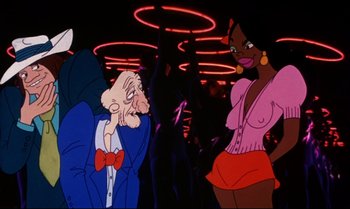 Movie still from “Heavy Traffic” (1973), directed by Ralph Bakshi – An old man and a black woman are in a bar; Medium shot, Low angle