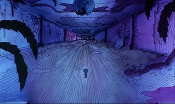 Movie still from “Heavy Traffic” (1973), directed by Ralph Bakshi – An artistic drawing of a bowling alley with a ball on the floor; Extreme Wide shot, High angle