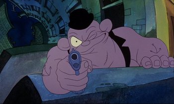 Movie still from “Heavy Traffic” (1973), directed by Ralph Bakshi – A cartoon of a man holding a toy gun; Extreme Close Up shot, Low angle