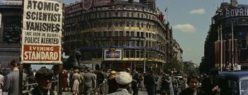 Movie still from “Hell and High Water” (1954), directed by Samuel Fuller – A crowd of people walking down a street; Extreme Wide shot, High angle