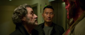 Movie still from “Hellboy” (2019), directed by Neil Marshall – Two men are looking at each other in the mirror; Close Up shot, Over the shoulder angle