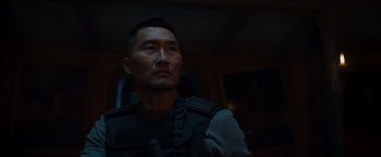 Movie still from “Hellboy” (2019), directed by Neil Marshall – A person wearing a uniform; Close Up shot, Low angle