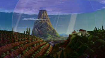 Movie still from “Hercules” (1997), directed by Ron Clements – A painting of a mountain with a house in the background; Extreme Wide shot, High angle