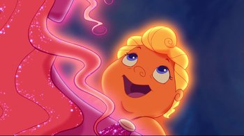 Movie still from “Hercules” (1997), directed by Ron Clements – An animated picture of a girl with a big smile on her face; Close Up shot, Low angle