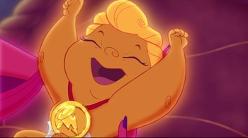 Movie still from “Hercules” (1997), directed by Ron Clements – A cartoon of a woman with a big smile on her face; Close Up shot, Low angle